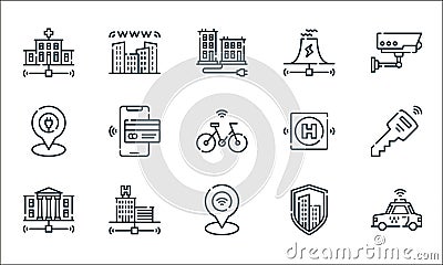 smart city line icons. linear set. quality vector line set such as taxi, wifi, city hall, building, hotel, charging, helipad, Vector Illustration