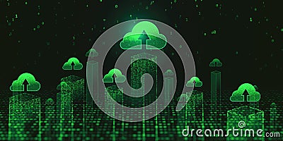 Smart city and metaverse concept with digital glowing green cloud symbols above skyscrapers visualization on dark technological Stock Photo
