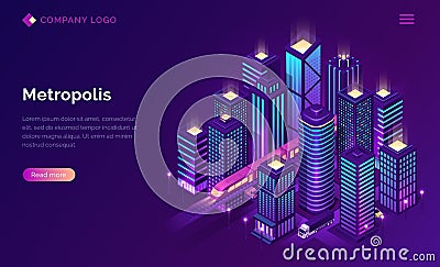 Smart city metropolis isometric landing page. Vector Illustration