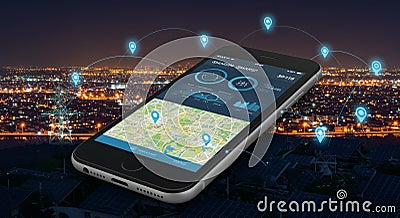 Smart City Mobile App Interface Smartphone displaying a smart city app interface with location data and energy consumption Stock Photo