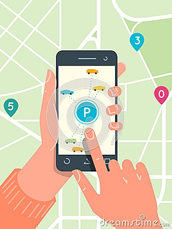 Smart city parking mobile app concept. Urban traffic technology Vector Illustration