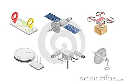 Smart City with Satellite, Surveillance Camera, Smartphone Navigation App, Drone Carrying Parcel and Wireless Router Stock Photo