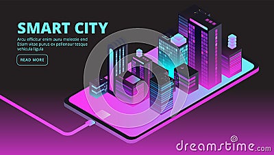 Smart city technology. Intelligent buildings in future city. Isometric 3d vector banner Vector Illustration