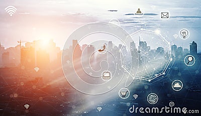 Smart city and wireless communication network, abstract image vi Stock Photo