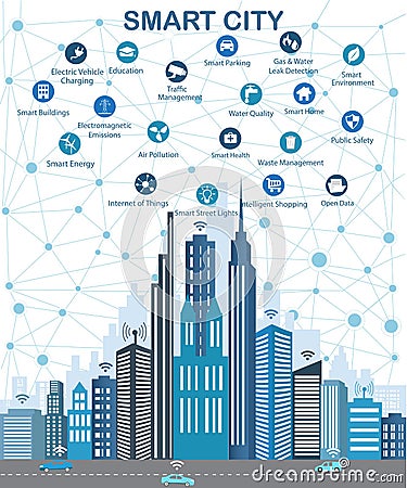 Smart City and wireless communication network Vector Illustration