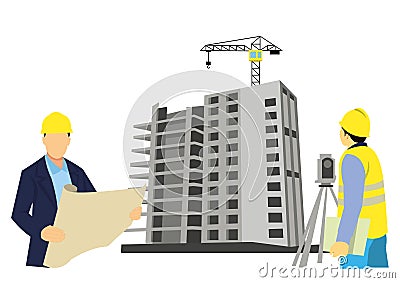 smart civil architect engineer inspecting and working outdoors building side with blueprints. engineering and architecture concept Vector Illustration