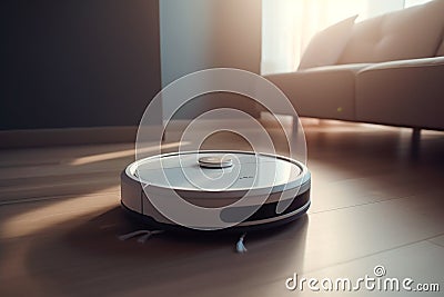 Smart cleaning robot vacuum cleaner on the laminate in the living room. Robotic vacuum cleaner on a wooden floor. Generative AI Stock Photo