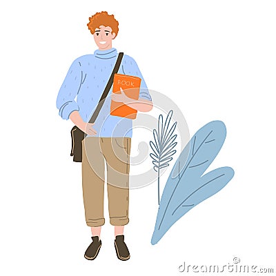 Smart clever young student guy or pupil holding a book. Color cartoon vector isolated illustration. Vector Illustration