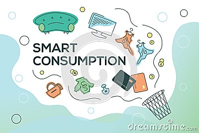 Smart consumption, buying, shopping. Trash basket with things Vector Illustration