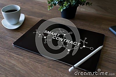 Smart contract blockchain based technology concept on screen. Cryptocurrency, Bitcoin and ethereum. Stock Photo