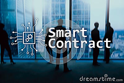 Smart contract, blockchain technology in business, finance hi-tech concept. Skyscrapers background Stock Photo