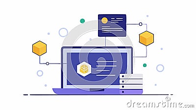Smart Contract Deployment An admin seen coding on a laptop with an overlay of code snippets and blockchain transaction Vector Illustration