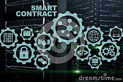 Smart Contract on modern server room background. Business Technology. Stock Photo