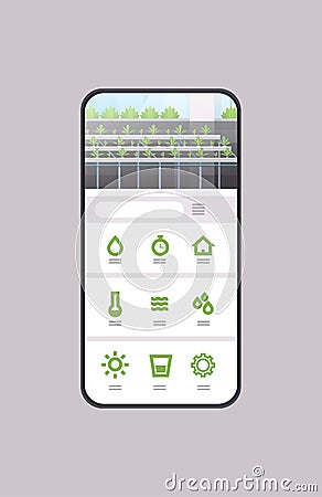 Smart control farming system mobile application organic hydroponic green plants row cultivation farm greenhouse Vector Illustration