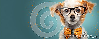 Smart or cool dog in glasses. Funny lovely pet concept. blue vivid background Stock Photo