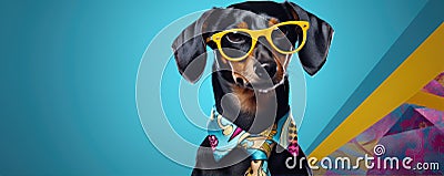 Smart or cool dog in glasses. Funny lovely pet concept. colorful vivid background Stock Photo