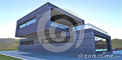 Smart cottage of the future. Composite faÃ§ade. Huge energy efficient viewing windows. Ecological clean mountain area. 3d render Stock Photo
