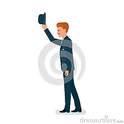 Man showing gesture of greeting taking off hat from head. Vector Illustration