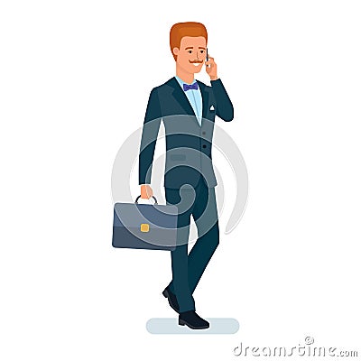 Businessman, in business suit standing with briefcase, phone in hand. Vector Illustration