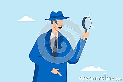 Smart detective looking through magnifying glass, illustrating observation and investigation to uncover evidence Stock Photo