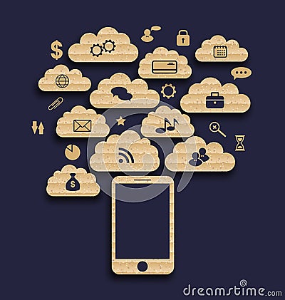 Smart device with cloud of application icons, busi Vector Illustration