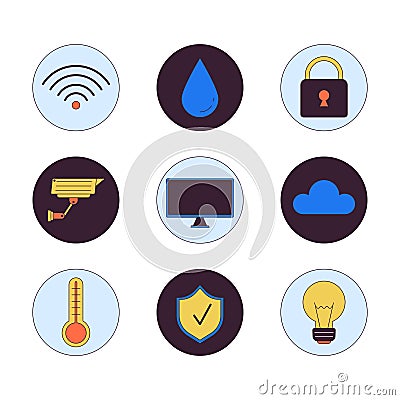Smart devices at home 2D linear cartoon icons set Vector Illustration