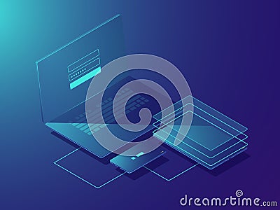 Smart devices synchronization, isometric vector cloud storage technology, file transfer, authorization user, laptop Vector Illustration