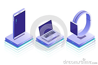 Smart devices on wireless battery charger .Conceptual isometric icons of laptop, phone,watches.Isometric style Vector Illustration