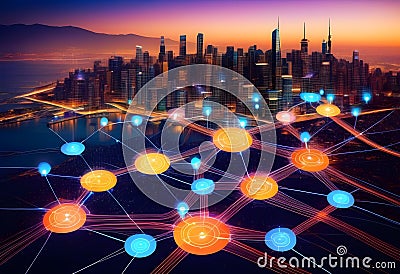 Smart digital city with connection network reciprocity over the cityscape Stock Photo