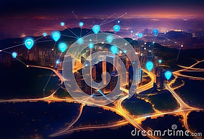 Smart digital city with connection network reciprocity over the cityscape Stock Photo