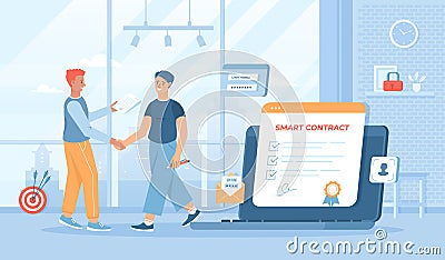 Smart digital contract, electronic document signing. Online deal, agreement. Vector Illustration