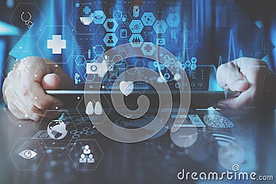 smart doctor hand working with modern laptop computer in modern Stock Photo