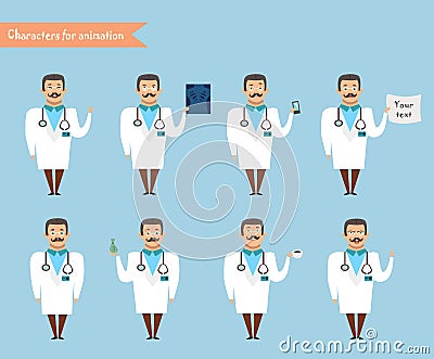 Smart doctor presenting in various action. Vector Illustration