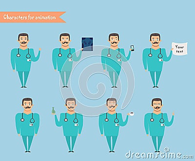 Smart doctor presenting in various action. Vector Illustration