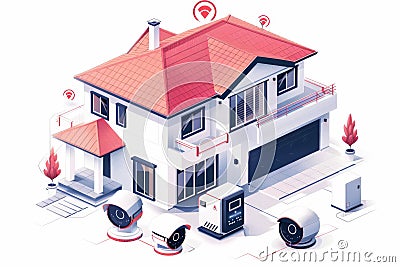 Smart door and window sensors integrate with secure networking infrastructure, enhancing property protection and surveillance. Cartoon Illustration