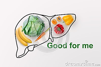 Smart eating. Creative collage made of organic vegetables and fruits with drawing of liver on white background Stock Photo