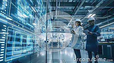 Smart engineers analyzing data on digital screens in a high tech lab. AIG49. Stock Photo