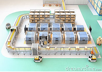 Smart factory equipped with AGV, robot carrier, 3D printers and robotic picking system Stock Photo
