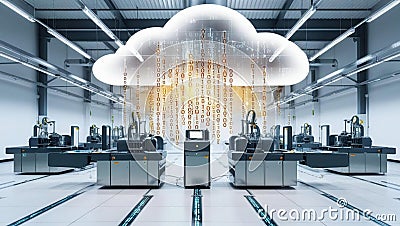 smart factory floor featuring automated machinery and glowing binary code streams, symbolizing advanced technology and Stock Photo