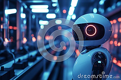 A smart factory with 5G-enabled robotics and automation systems.A robot is currently standing on a moving conveyor belt in a Stock Photo
