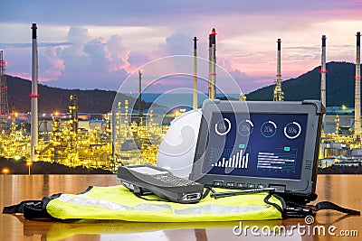 Smart factory - Rugged computers tablet in front of oil refinery Stock Photo