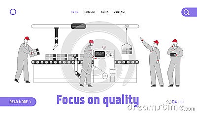 Smart Factory Website Landing Page. Robots Hands and Workers Working on Assemble Line with Production. Conveyor Belt Vector Illustration
