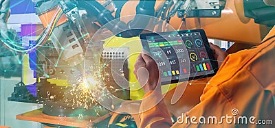 Smart factory which use futuristic technology which combine big data, iot, 5g, machine deep learning, automation robot, augmented Stock Photo