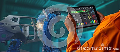 Smart factory which use futuristic technology which combine big data, iot, 5g, machine deep learning, automation robot, augmented Stock Photo