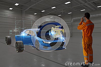 Smart factory which use futuristic technology which combine big data, iot, 5g, machine deep learning, automation robot, augmented Stock Photo