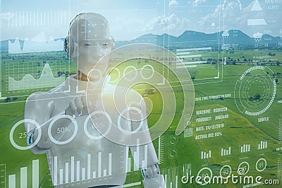 Smart farm, agriculture concept, artificial intelligence ai robot use ugmented mixed virtual reality deep, machine learning, digit Stock Photo