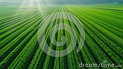 smart farm with automated tractors and irrigation systems working in large, geometric fields Stock Photo