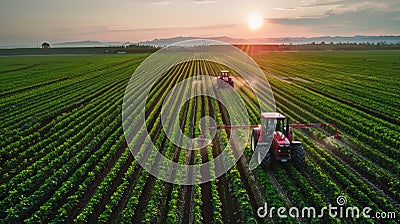 smart farm with automated tractors and irrigation systems working in large, geometric fields Stock Photo