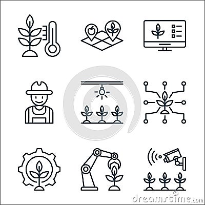 smart farm line icons. linear set. quality vector line set such as cctv, robot, gear, smart farm, lighting, farmer, smart farm, Vector Illustration