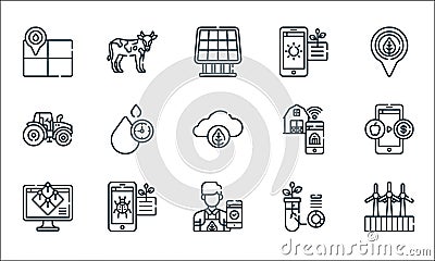 Smart farm line icons. linear set. quality vector line set such as turbine, farmer, field, data, pest, tractor, smart farm, smart Vector Illustration